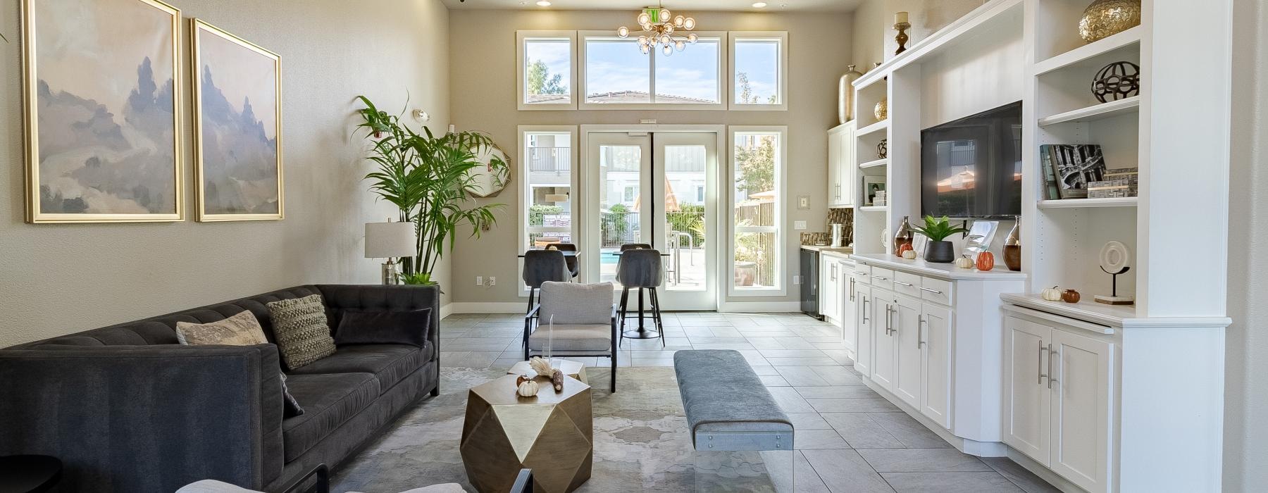 a living room with a couch and a table