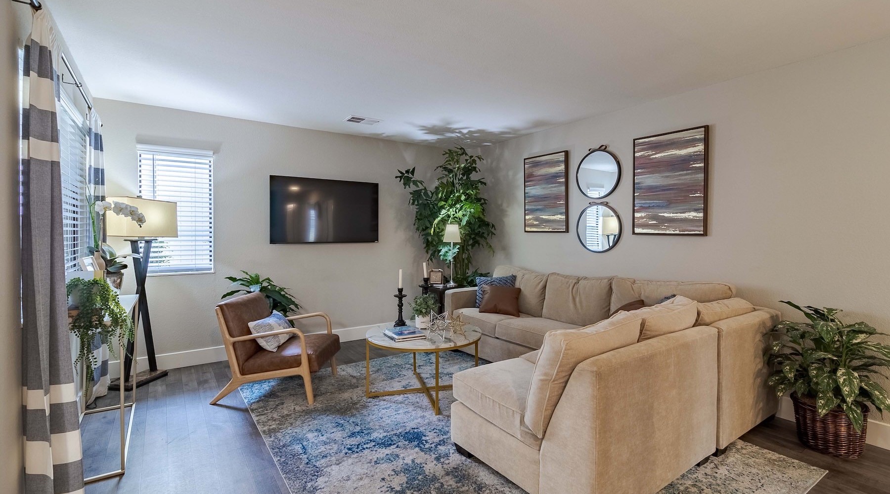 a living room with a fireplace