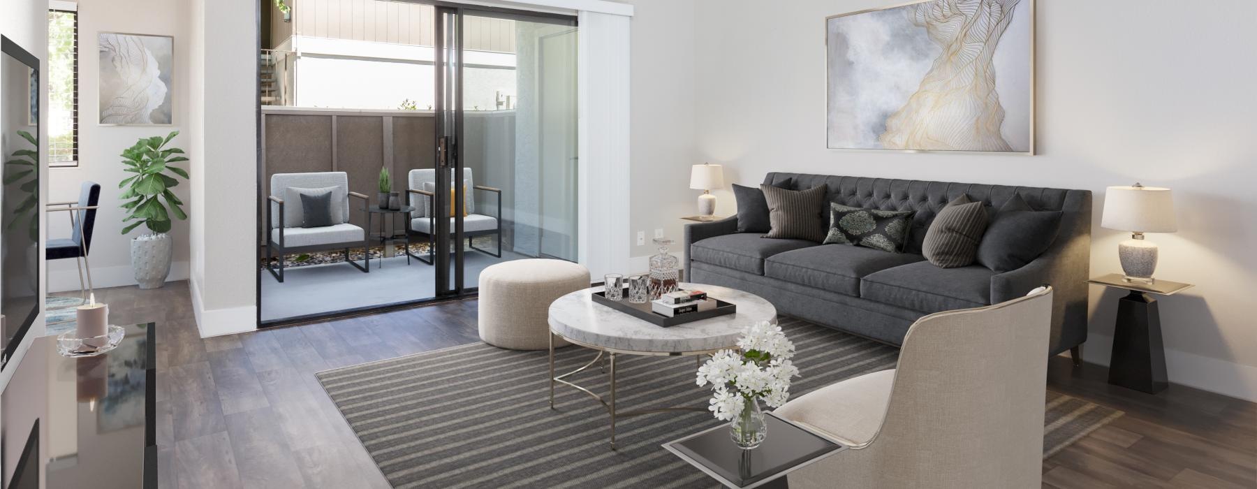 a living room with a large glass door